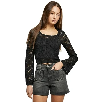 Image of Urban Classics Ladies Cropped Lace Longsleeve, Langarmshirt für Damen, erhältlich in vielen verschiedenen Farben, Größen XS 5XL, Black, M