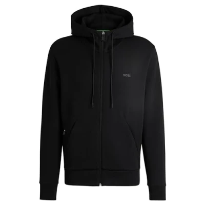 Image of BOSS Mens Saggy Logo print zip up hoodie in stretch cotton, Black, 4XL
