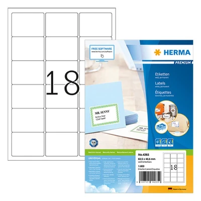 Image of HERMA Self Adhesive Address Labels, 18 Labels per A4 Sheet, 100 Sheets, 63.5 x 46.6 mm, 1800 Blank Mailing Stickers, Sticky for Laser &amp; Inkjet Printer, White