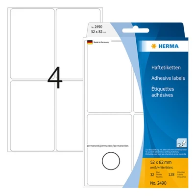 Image of HERMA Multi Purpose Labels, 4 Labels per Sheet, 32 Sheets, 52 x 82 mm, 128 Self Adhesive Large Stickers, Blank Sticky for Office Kitchen Home, White