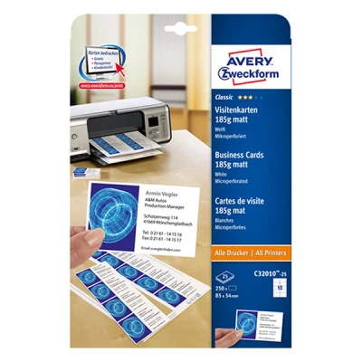 Image of Avery C32010 25 250x Business Cards 185 g/m² Perforated for Monochrome Inkjet Laser Printers and Copiers 85 x 54 mm