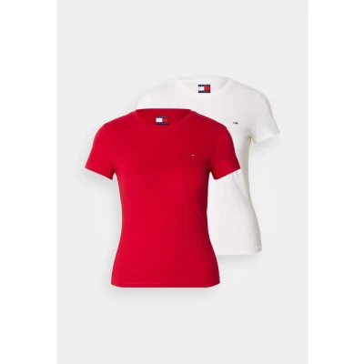 Image of Tommy Jeans C NECK TEE 2 PACK Basic Tshirt, Women&#039;s, Size: 4, Ecru/sapphire red