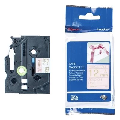 Image of Brother TZe RE34 Labelling Tape Cassette, Gold on Pink, 12 mm (W) x 4M (L), Ribbon Tape, Genuine Supplies