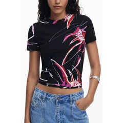 Image of Desigual Abstract Floral Print Tshirt, Women&#039;s, Size: 16, Black