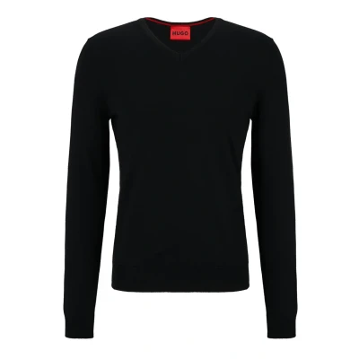 Image of HUGO Mens San Vredo M Virgin Wool V Neck Sweater in a Slim fit, Black, XXL