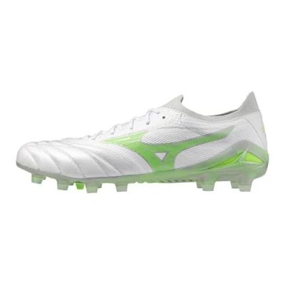 Image of Mizuno Morelia NEO IV Β Elite Moulded stud football boots, Men&#039;s, Size: 8.5, White/neon green/cool gray Leather/synthetics