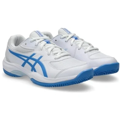 Image of Asics Gelgame GS CLAY Court Tennis Shoes White blue coast Training shoe for kids, Size: 2, High quality imitation leather