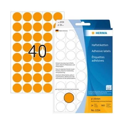 Image of HERMA Dot Stickers Luminous Orange, 960 Labels, Ø 19 mm, 40 Labels per Sheet, Self Adhesive Perforated Round Colour Stickers, Blank Marking Dots, Sticky for Color Coding Calendar