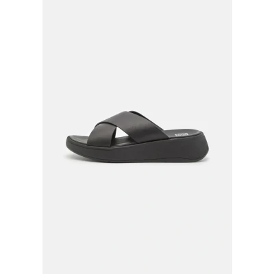 Image of Fitflop Flatform Cross Slides Heeled mules, Women&#039;s, Size: 9, Black Leather