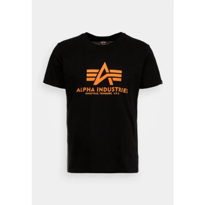 Image of Alpha Industries Print Tshirt, Men&#039;s, Size: Medium, Black /neon orange
