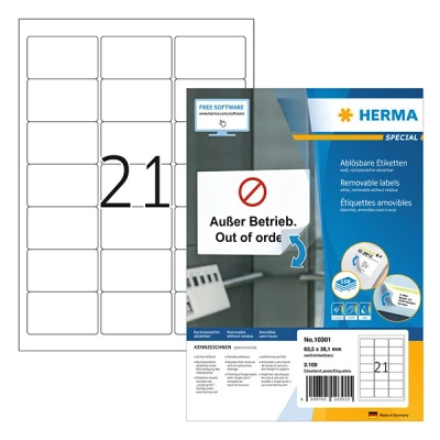 Image of HERMA Self Adhesive Removable Labels, 21 Labels per A4 Sheet, 100 Sheets, 63.5 x 38.1 mm, 2100 Blank Multipurpose Stickers, Sticky for Laser &amp; Inkjet Printer, White
