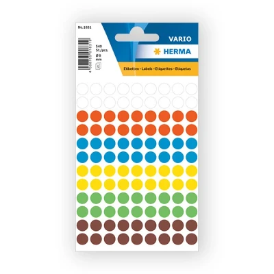 Image of HERMA 1831 Self Adhesive Coloured Dot Stickers Assorted, 540 Labels, Ø 8mm, 108 Labels per Sheet, Round Colour Stickers, Blank Marking Dots, Sticky Circle for Color Coding Calendar