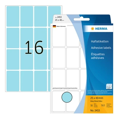Image of HERMA Multi Purpose Labels, 16 Labels per Sheet, 32 Sheets, 25 x 40 mm, 512 Self Adhesive Small Stickers, Blank Sticky for Office Kitchen Home, Blue