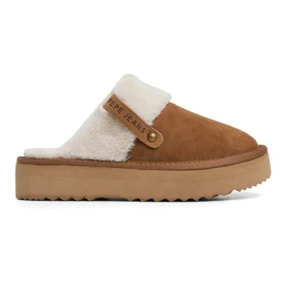Image of Pepe Jeans Dissy North Slippers, Women&#039;s, Size: 7, Cognac brown Leather and textile