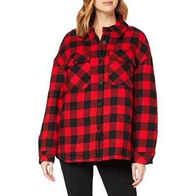 Image of Urban Classics Women&#039;s Ladies Flanell Padded Overshirt Jacket, Black/Red, XS