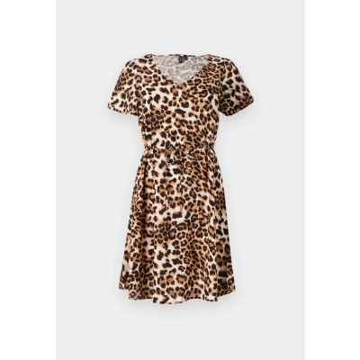 Image of VERO MODA Women&#039;s Vmeasy Joy Ss Short Dress WVN Ga Summer, Tan/Aop: Leo, XS