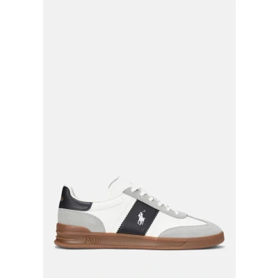 Image of Polo Ralph Lauren Heritage AERA Leathersuede Sneaker Trainers, Men&#039;s, Size: 11, White/black/soft grey Leather