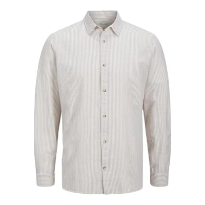 Image of JACK &amp; JONES Men&#039;s Jjesummer Shirt LS Sn Long Sleeve Shirt, Oxford Tan/Detail:stripe, XS