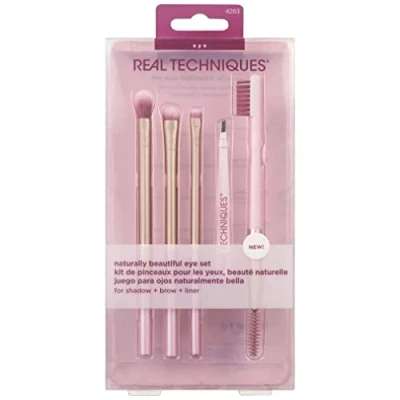 Image of REAL TECHNIQUES Naturally Beautiful Eye Makeup Brush Kit, Professional Set, Soft Bristles, Cosmetic Brushes For Eyeshadow, Eyebrow, Blending, Fan, and Eyelashs, 5 Piece Pink