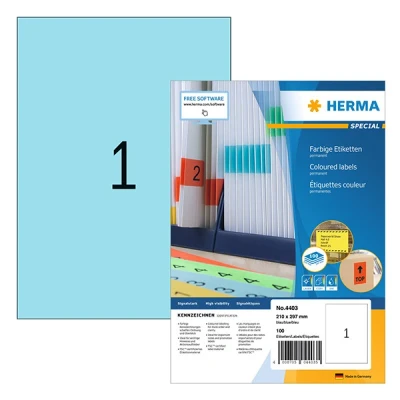 Image of HERMA 4403 Coloured Labels Blue, 100 Sheets, 210 x 297 mm, 1 per A4 Sheet, Pack of 100, Self Adhesive, Printable, Matt, Blank Paper Colour Stickers