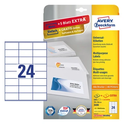 Image of AVERY Zweckform 3490 Address Labels A4 with UltraGrip 70 x 36 mm 30 Sheets Matte Paper Printable Self Adhesive 720 White