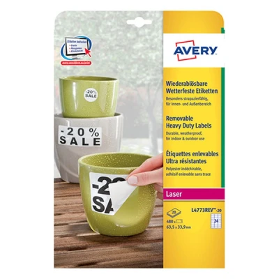 Image of Avery Zweckform L4773REV 20 Weatherproof Labels/Re Usable / 33.9 x 63.5 mm Sheets 480 Labels White