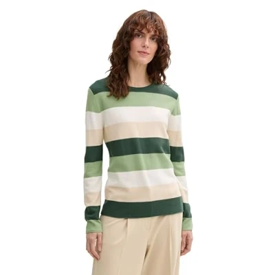 Image of TOM Tailor Structured Striped Jumper, Women&#039;s, Size: XS, Green/beige