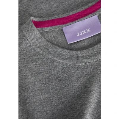 Image of JJXX Women&#039;s JXCARA Comfy Crew Neck Knit Long Sleeve Top, Medium Grey Melange/Detail:/Fuchsia Red, XS, XS