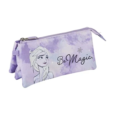 Image of Cerda Disney Frozen Triple Compartment School Pencil Case with Zip Closure for Kids, Violet Frozen, 1 Count (Pack of 1), Back to