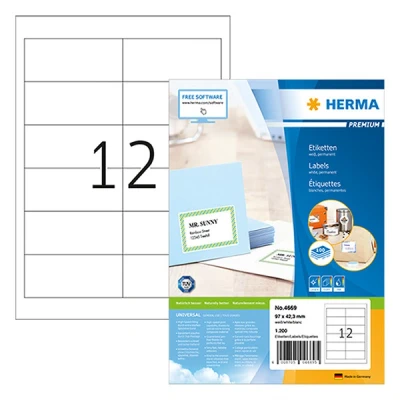 Image of HERMA Self Adhesive Multipurpose Labels, 12 Labels per A4 Sheet, 100 Sheets, 97 x 42.3 mm, 1200 Blank Universal Stickers, Sticky for Laser &amp; Inkjet Printer, White