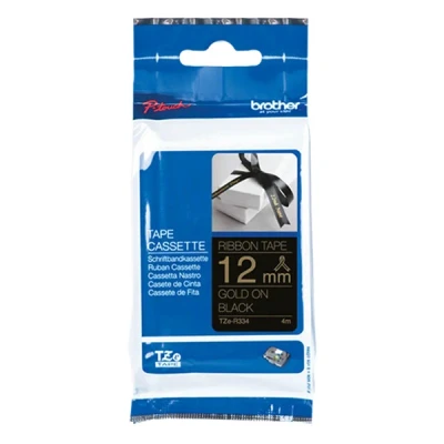 Image of Brother TZe R334 Labelling Tape Cassette, Gold on Black, 12mm (W) x 4M (L), Ribbon Tape, Genuine Supplies