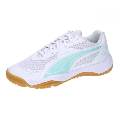 Image of Puma Solarflash III JR Unisex Handball shoes for kids, Size: 4, White/electric peppermint Textile/synthetics
