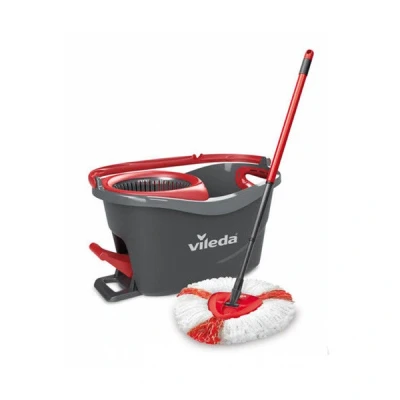 Image of Vileda Turbo Microfibre Mop and Bucket Set, Spin for Cleaning Floors, Set of 1x Bucket,Grey/Red,48.5 x 27.5 28 cm