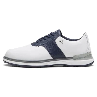 Image of Puma Golf Avant shoes, Men&#039;s, Size: 6, White/deep navy/speed blue Leather