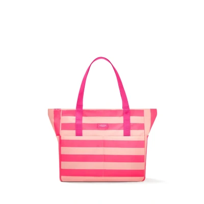 Image of LARKSON Beach Bag Women &amp; Men Linn Large Tote With Compartments For Beach, Pool, Holiday Zipper Lightweight Water Repellent, Pink Striped, One Size