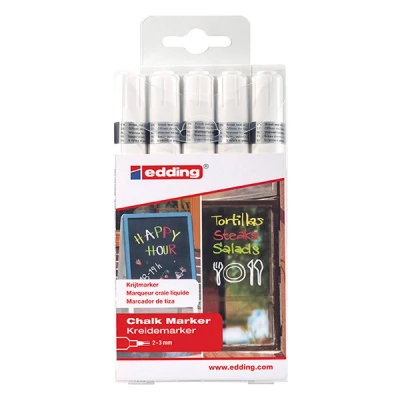 Image of edding 4095 chalk marker pen set white 5 pens round nib 2 3 mm medium wet wipe for chalkboards, windows, glass, mirrors liquid opaque coverage