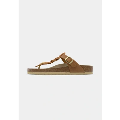 Image of Birkenstock Gizeh Braided FL Regular Slippers, Women&#039;s, Size: 3.5, Cognac Leather