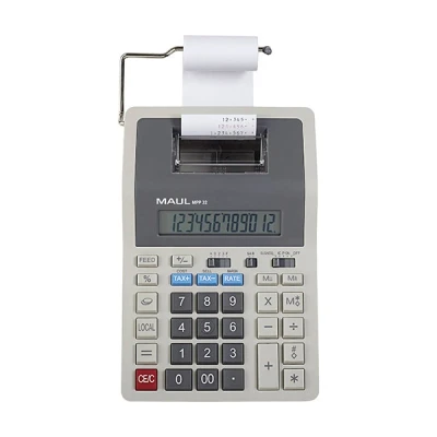 Image of MAUL Desktop Calculator Printing MPP32, with All Important Commercial Functions and 12 Digit Display, 2 Colour Print, Lines/Sec, Mains Battery Operated, Grey
