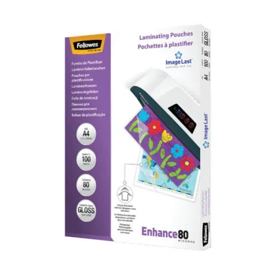Image of Fellowes A4 Laminating Pouches, Gloss, 80 Micron with Image Last Directional Quality Mark, Pack of 100, transparent