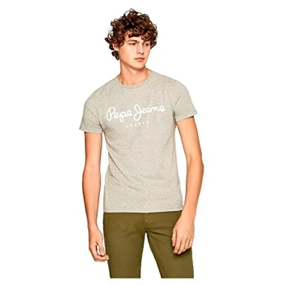 Image of Pepe Jeans Original Stretch Print Tshirt, Men&#039;s, Size: Large, Grey marl