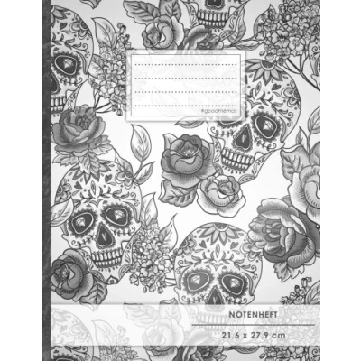 Image of NOTENHEFT DIN A4 48 Seiten, 24 Blatt, 12 Systeme, „Totenköpfe“ Original #GoodMemos Schulheft Mit Inhaltsverzeichnis und Seitenzahlen, Noten Lineatur 14