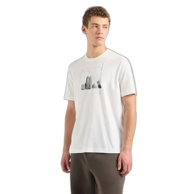 Image of Armani Exchange Men&#039;s Scattered Graphic Elements with Iconic Building Image Regular Fit Tee T Shirt, Off White Ny, S