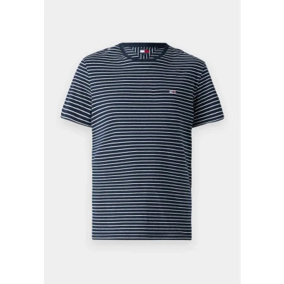 Image of Tommy Jeans Stripe TEE Print Tshirt, Men&#039;s, Size: 34, Dark night navy/ecru
