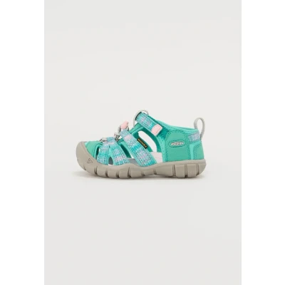 Image of Keen Seacamp Walking sandals for kids, Size: 12k, Bright aqua/giggle pink Synthetics/textile