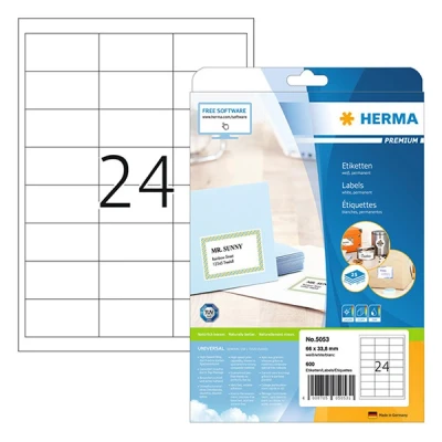 Image of HERMA 5053 Address Labels, 25 Sheets, 66 x 33.8 mm, 24 per A4 Sheet, 600 Pieces, Self Adhesive, Printable, Matt, Blank Paper White