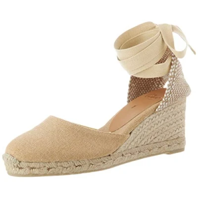 Image of Carina espadrilles in washed finished cotton, tie closure. Women, sand, 41 EU