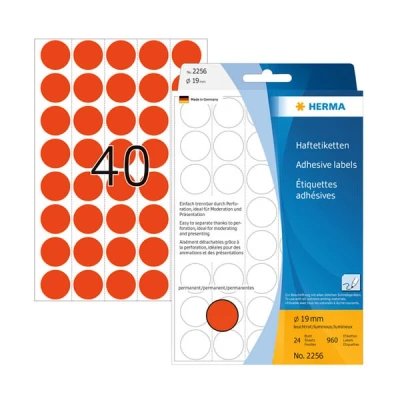 Image of HERMA Dot Stickers Luminous Red, 960 Labels, Ø 19 mm, 40 Labels per Sheet, Self Adhesive Perforated Round Colour Stickers, Blank Marking Dots, Sticky for Color Coding Calendar