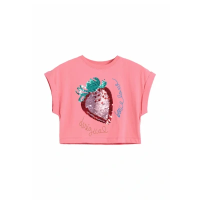 Image of Desigual Strawberry Sequin Cropped Print Tshirt for kids, Size: 11/12y, Pink