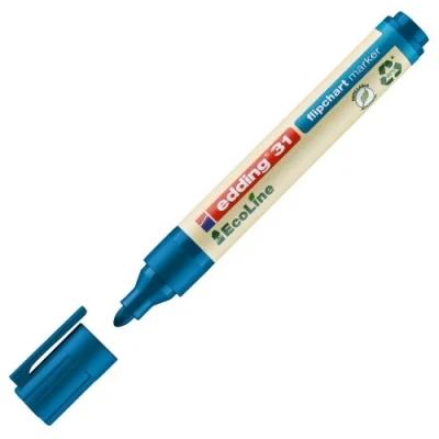 Image of edding 31 EcoLine flipchart marker blue box of 10 round nib 1,5 3 mm for writing, drawing on paper does not bleed through dry out refillable