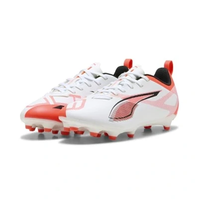 Image of Puma Ultra 5 PLAY Moulded stud football boots for kids, Size: 4, White/black/glowing red Synthetics